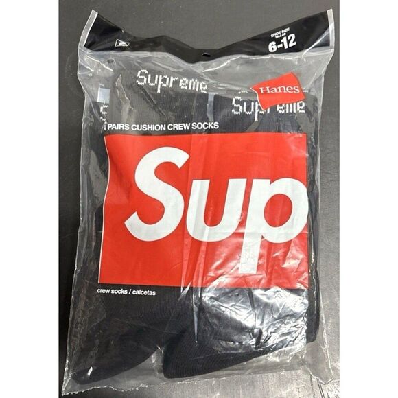 Supreme x Hanes Socks 4 Pack Black Mens Size 6-12 Crew Socks Brand New - Picture 1 of 5